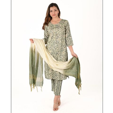 Authenzaa 3 Pcs Set Women Kurti-KST031, Green