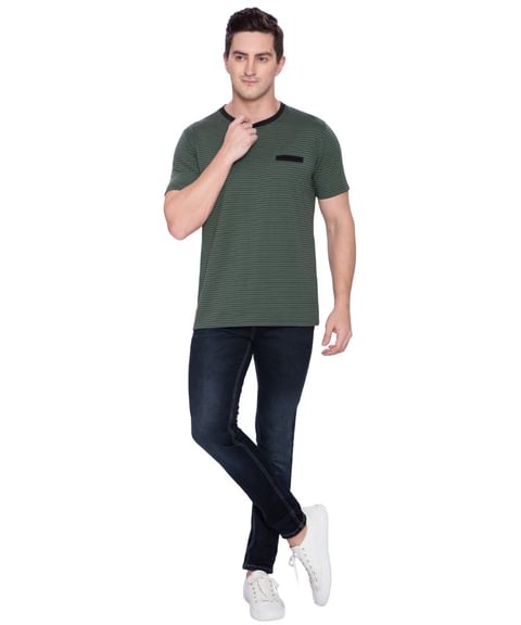 Authenzaa Men Stripe RN  T-Shirt ARRNT002 Olive