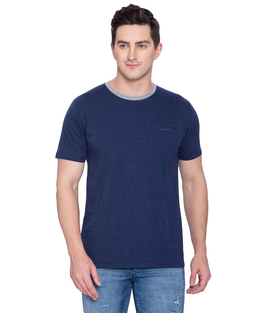 Authenzaa Men Stripe Round Neck T-Shirt ARRNT002 Blue Melange 