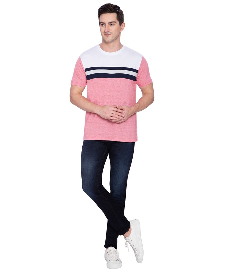 Authenzaa Men Stripe RN T-Shirt ARRNT002 Pink Melange 