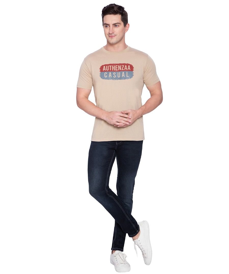 Authenzaa Men Stripe Round Neck T-Shirt ARRNT001 Khakhi