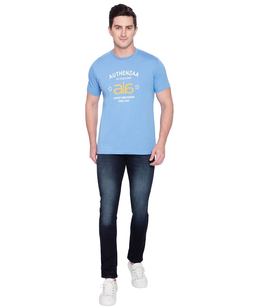 Authenzaa Men Stripe Round Neck T-Shirt ARRNT001 Sky