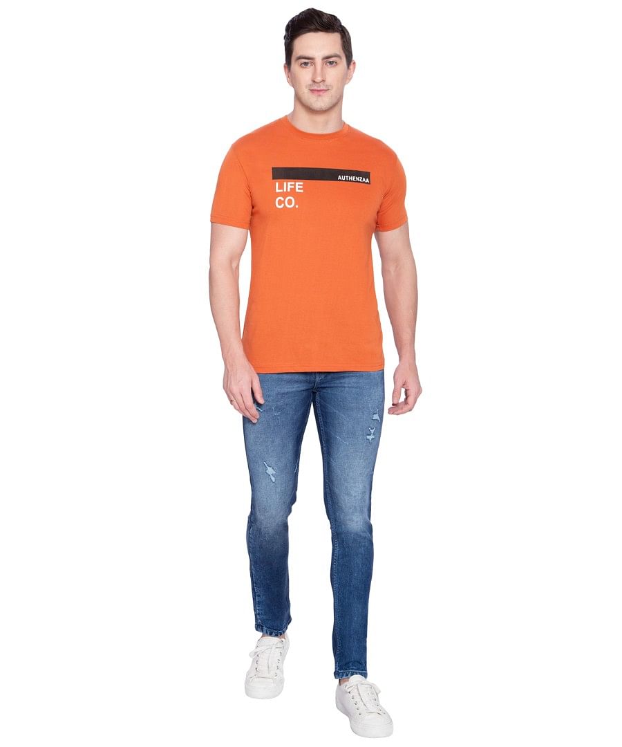 Authenzaa Men Stripe Round Neck T-Shirt ARRNT001 Rust