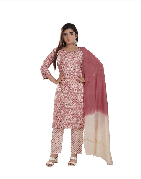 Authenzaa Women 3 Pcs Kurti Set SFKST064 Pink