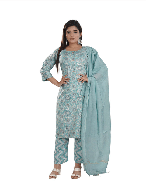 Authenzaa Women 3 Pcs Kurti Set SFKST064 Light Blue 