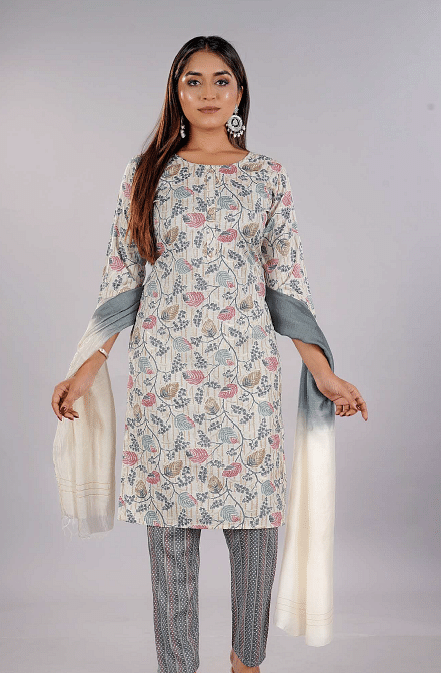 Authenzaa Women 3 Pcs Kurti Set SFKST065 Cream