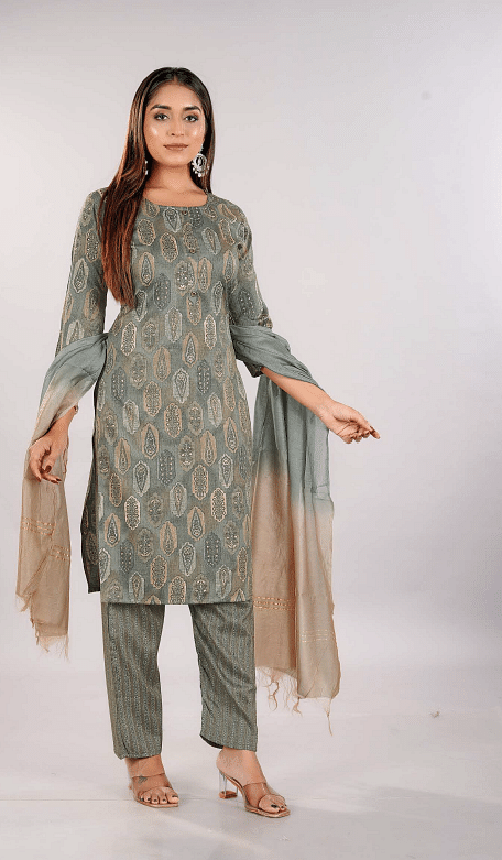 Authenzaa Women 3 Pcs Kurti Set SFKST065 Grey