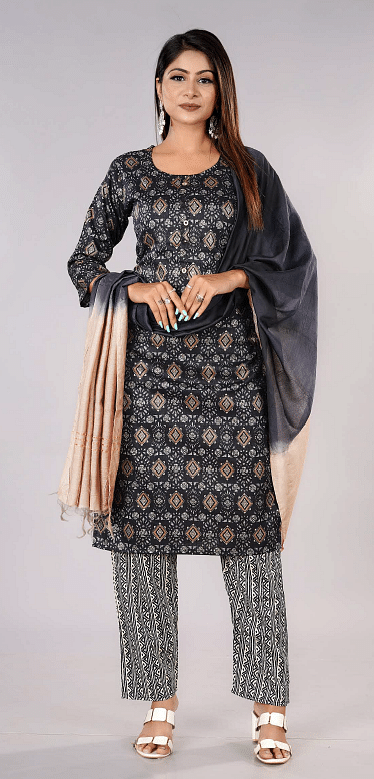 Authenzaa Women 3 Pcs Kurti Set SFKST068 Black