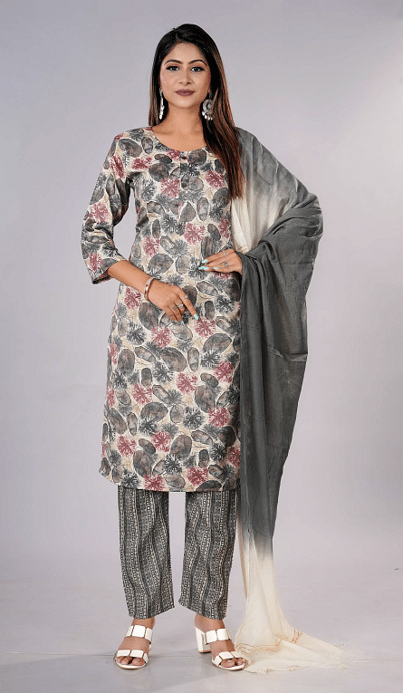 Authenzaa Women 3 Pcs Kurti Set SFKST068 Grey