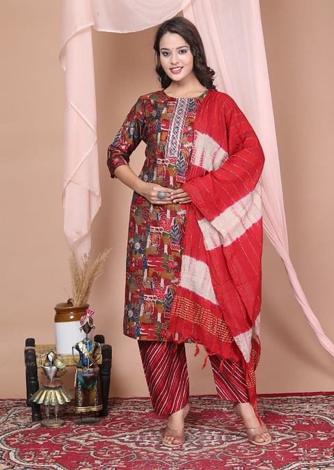 Authenzaa Women 3 Pcs Kurti Set SFKST069 Maroon