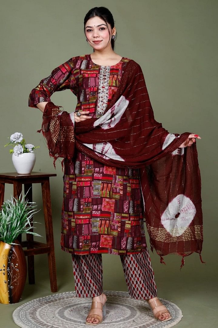 Authenzaa Women 3 Pcs Kurti Set SFKST069 Wine