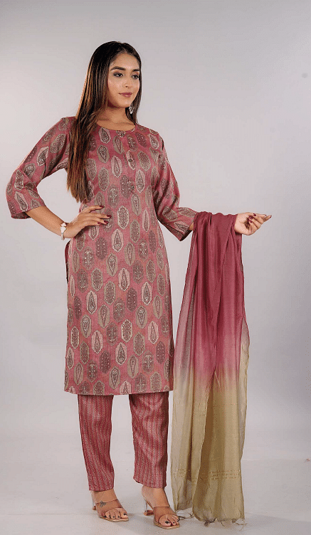 Authenzaa Women Fashion 3Pcs Kurti Set KST065 Rust