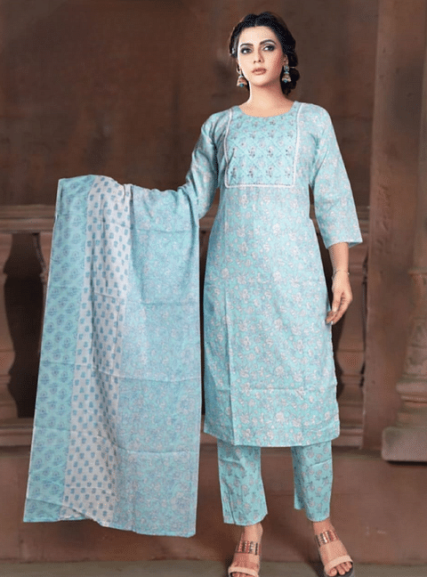 Authenzaa Women 3Pcs Kurti Set SFKST072 Aqua