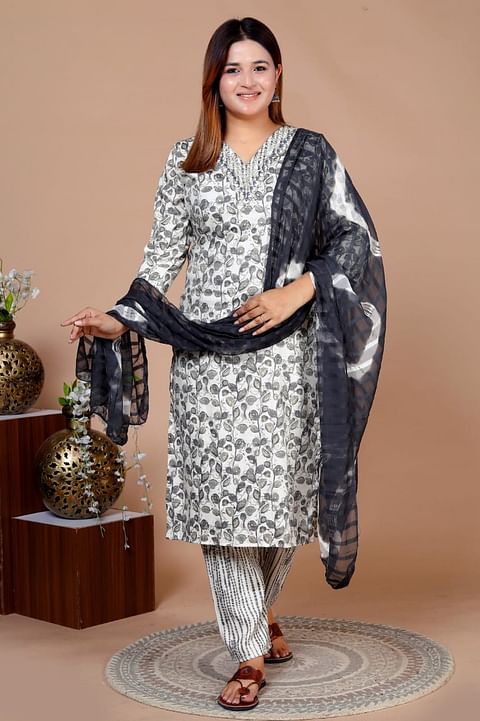Authenzaa Women 3Pcs Kurti Set SFKST073 Cream