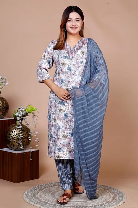 Authenzaa Women 3Pcs Kurti Set SFKST073 Grey