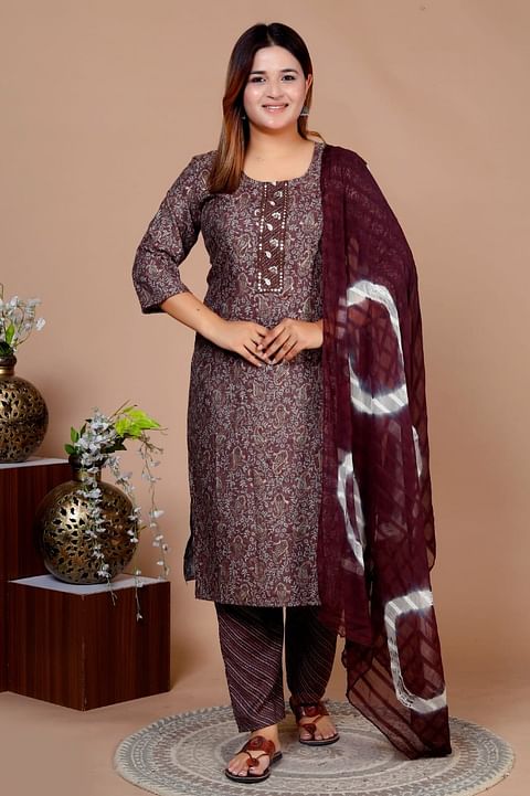 Authenzaa Women 3Pcs Kurti Set SFKST073 Maroon
