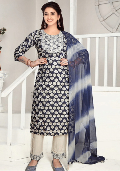 Authenzaa Women 3Pcs Kurti Set SFKST074 Navy