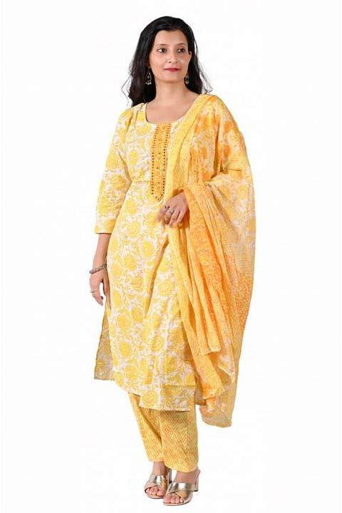 Authenzaa Women 3Pcs Kurti Set SFBKS004 Yellow 