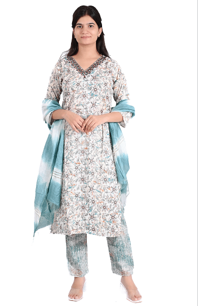 Authenzaa Women 3Pcs Kurti Set SFBKS007 Cream 