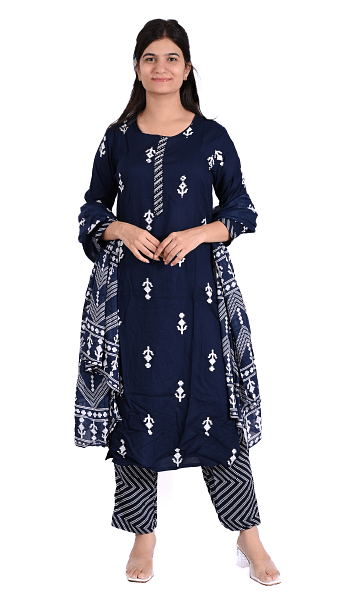 Authenzaa Women 3Pcs Kurti Set SFBKS019 Navy Blue 
