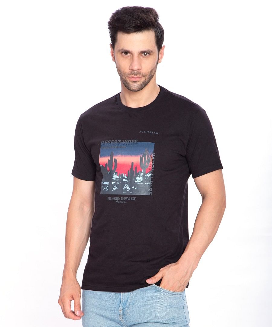 Authenzaa Men Casual Round Neck T-Shirt ARRNT005 Black 