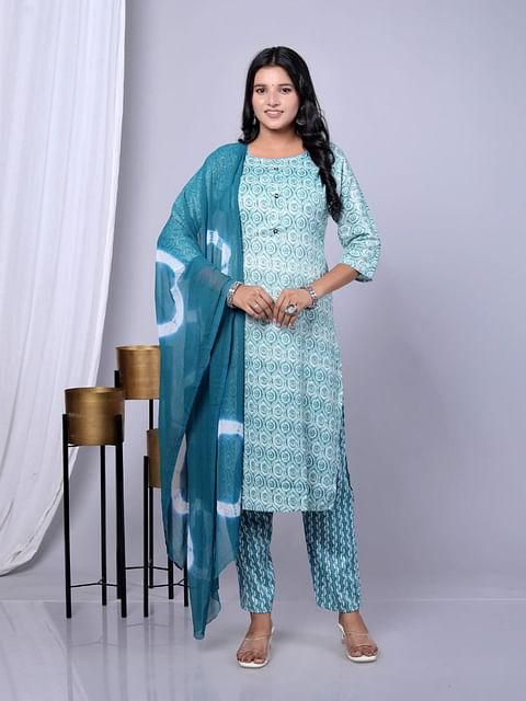 Authenzaa Women 3Pcs Kurti Set SFBKS005 Sky Blue 