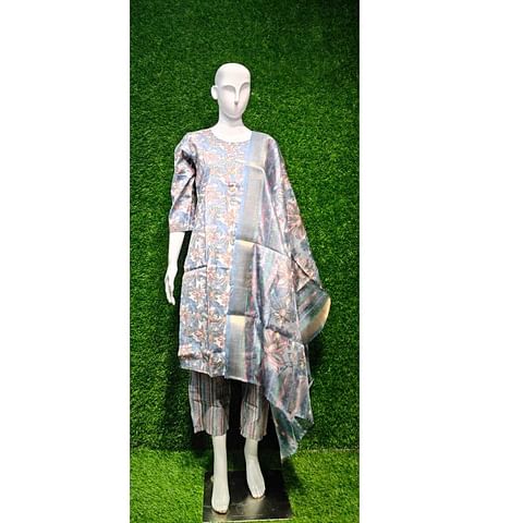 Authenzaa Women 3Pcs Kurti Set ATKS004 Blue Grey 