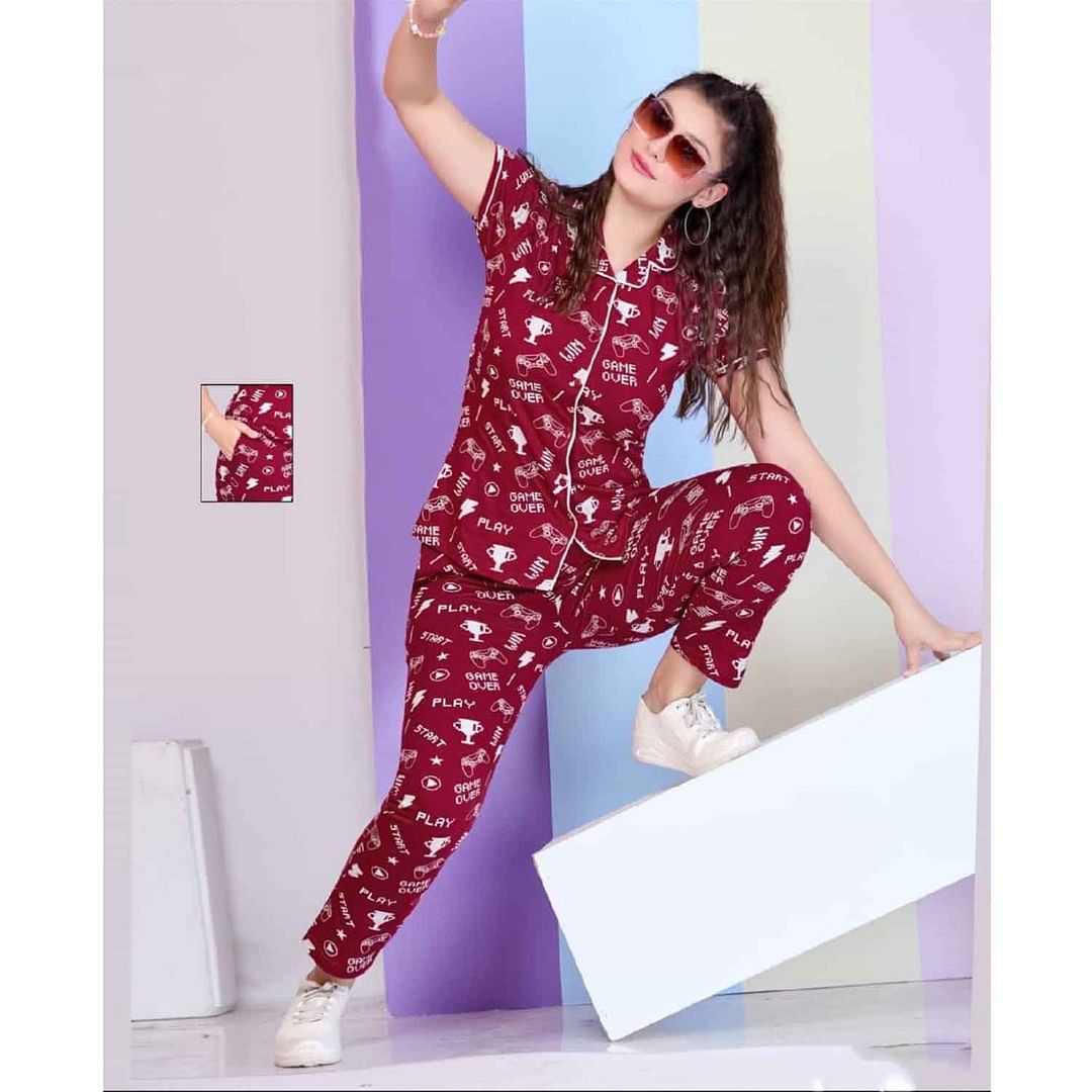 Authenzaa Women 2PC Nighty AC2N008 Maroon 