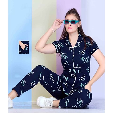 Authenzaa Women 2PC Nighty AC2N008 Navy 