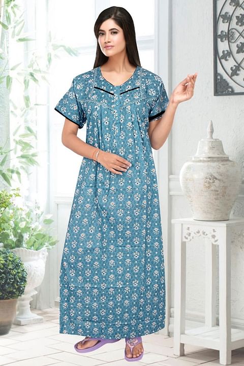 Authenzaa Women Cotton Nighty BCWN002 Blue 