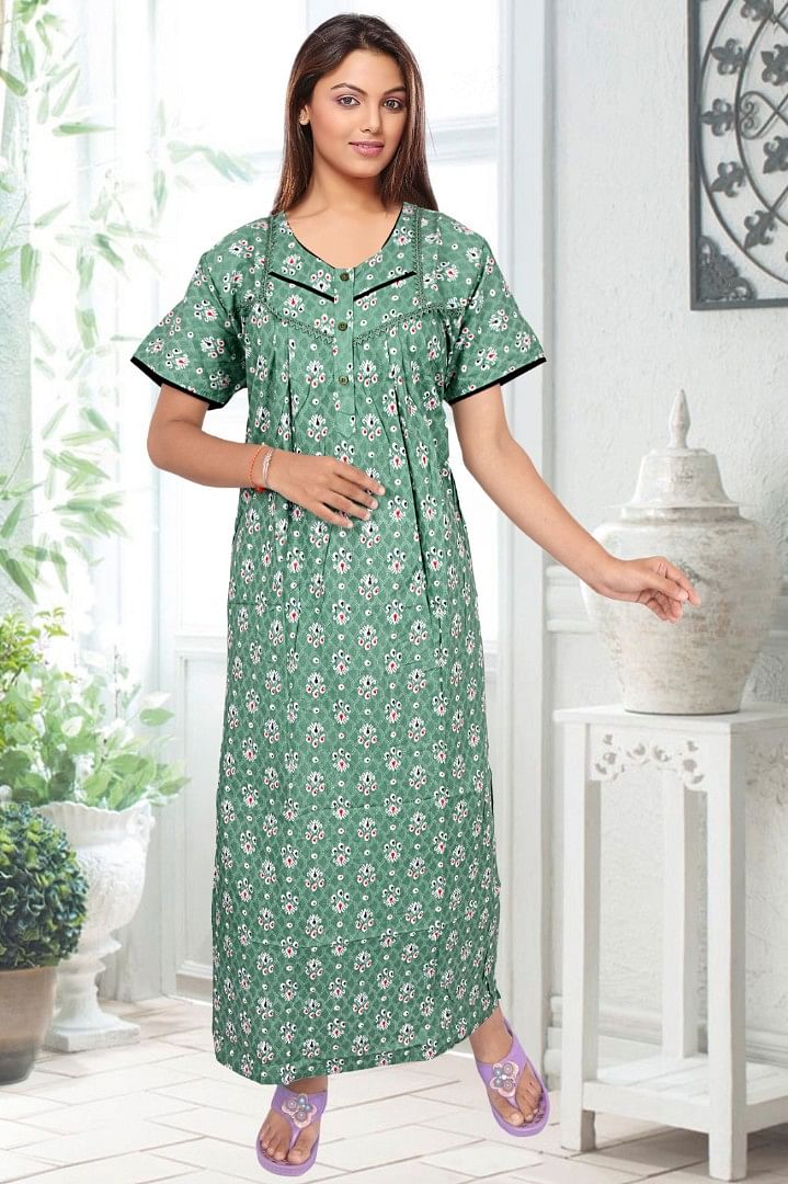 Authenzaa Women Cotton Nighty BCWN002 Green 