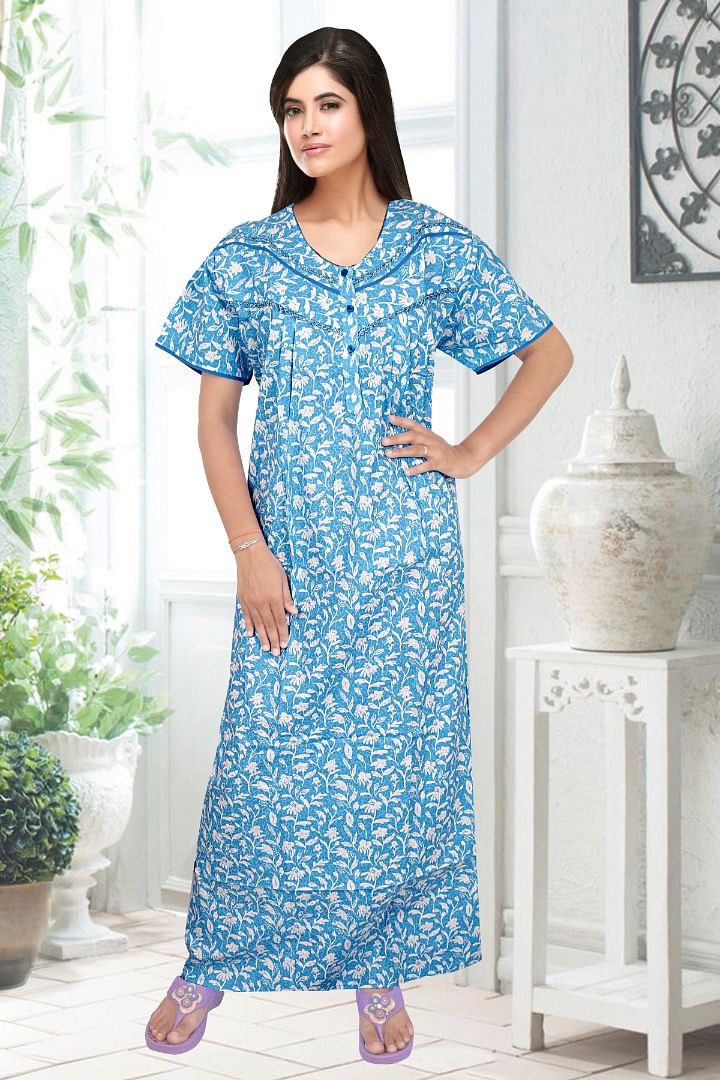 Authenzaa Women Cotton Nighty BCWN006 Blue 