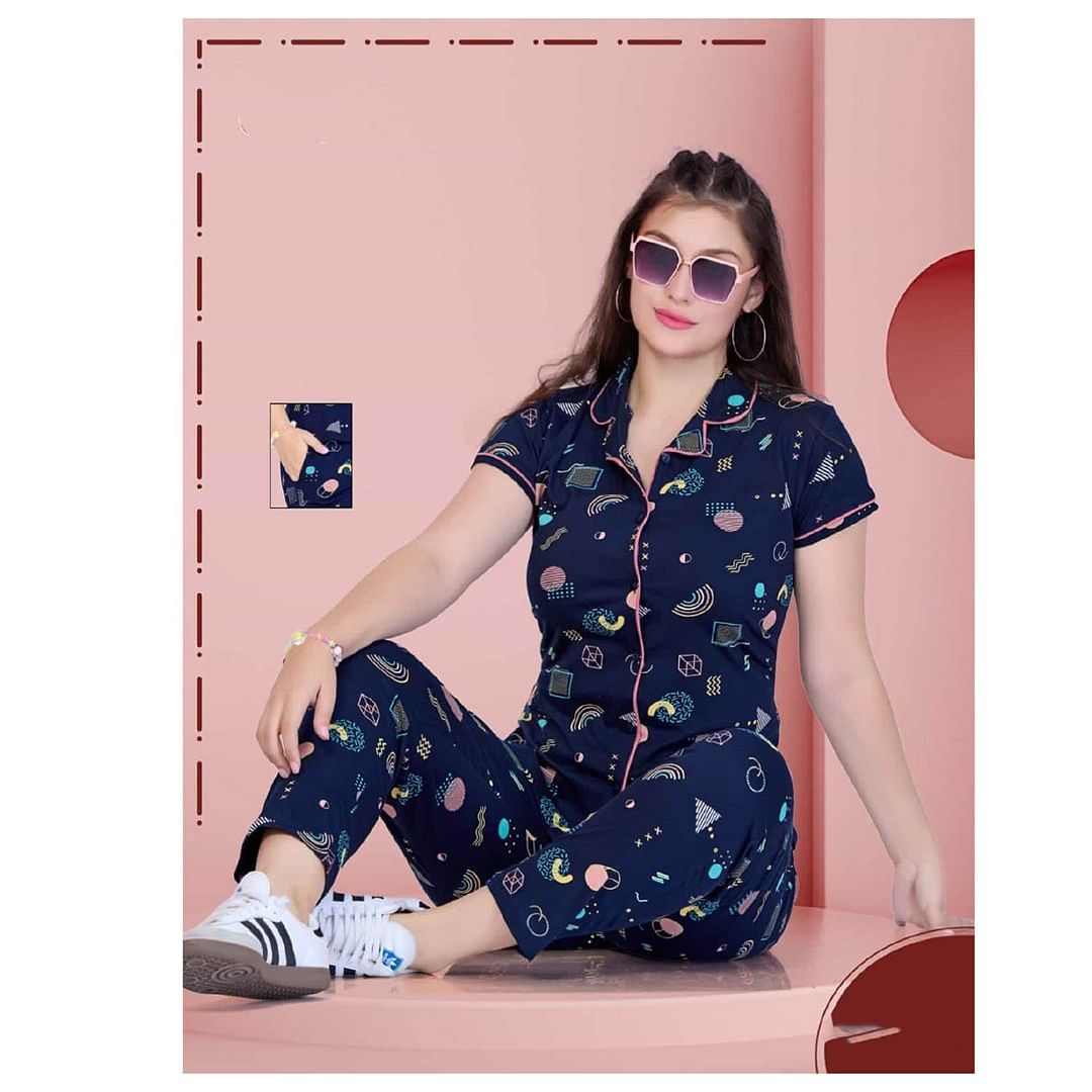 Authenzaa Women 2PC Nighty AC2N009 Navy 