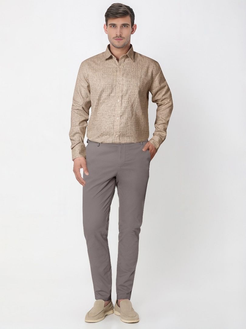 Authenzaa Men Slim Fit Formal Shirt ASFS013 Khakhi Checks