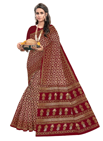 Authenzaa Women Cotton Saree JMDCS016 Dk Brown 