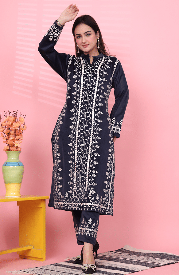 Authenzaa Women Velvet 2Pcs Kurti Set JJWKS001 Navy 