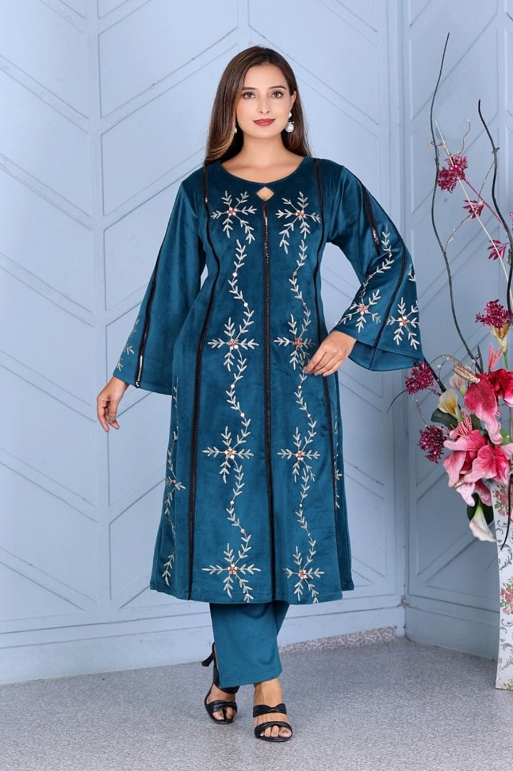 Authenzaa Women Velvet 2Pcs Kurti Set JJWKS002 Dk. Green 