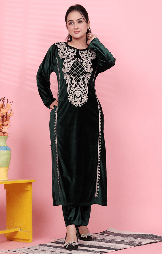 Authenzaa Women Velvet 2Pcs Kurti Set JJWKS003 Green 
