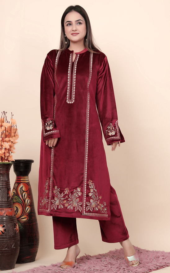 Authenzaa Women Velvet 2Pcs Kurti Set JJWKS004 Dk.Maroon 