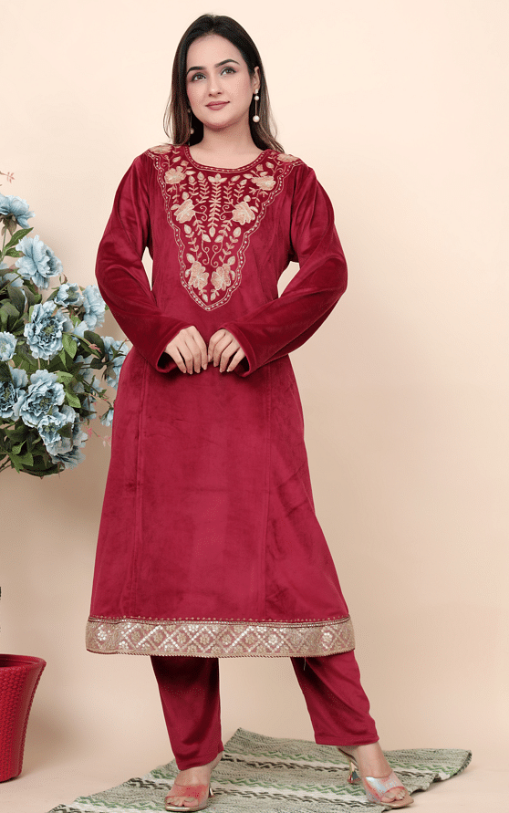 Authenzaa Women Velvet 2Pcs Kurti Set JJWKS005 Maroon 