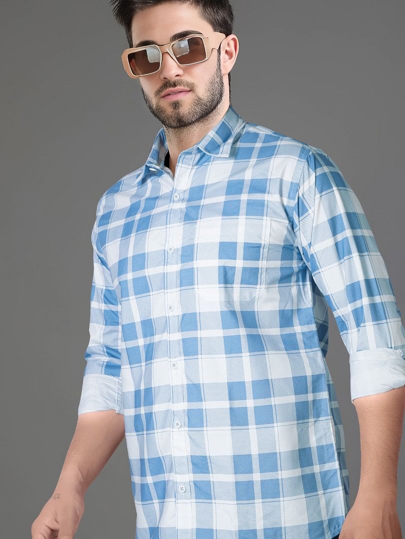 Authenzaa Men Casual Shirt SFCS019 Sky Checks 