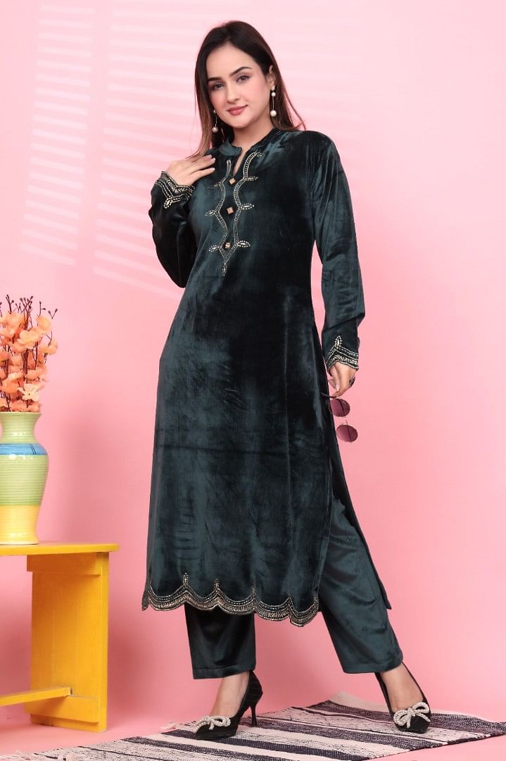 Authenzaa Women Velvet 2Pcs Kurti Set JJWKS004, Bottle Green