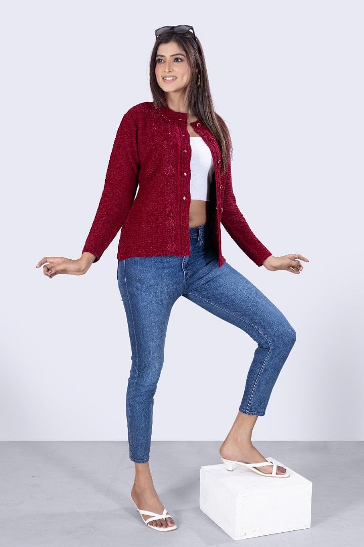 Authenzaa Women Cardigan WCMC009  Dark Maroon 