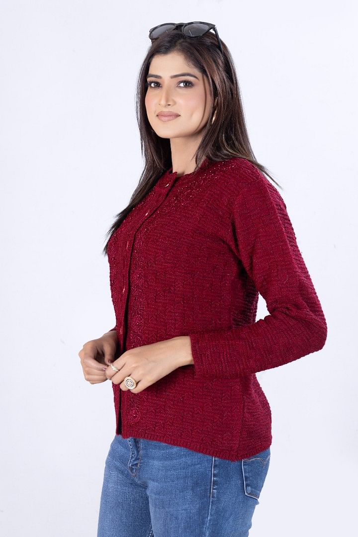 Authenzaa Women Cardigan WCMC009  Dark Maroon 