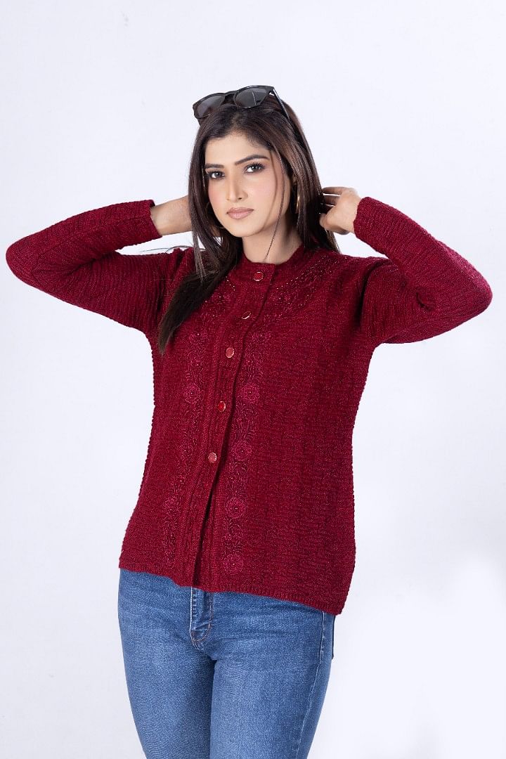 Authenzaa Women Cardigan WCMC009  Dark Maroon 