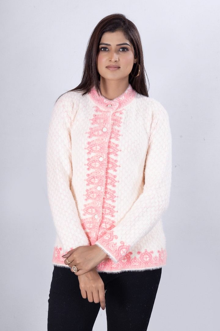 Authenzaa Women Cardigan WCMC013 White Pink 