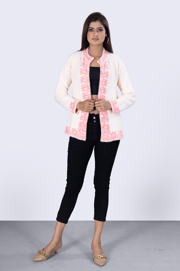 Authenzaa Women Cardigan WCMC013 White Pink 