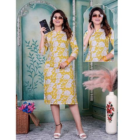 Authenzaa Women Kurti ATKT041 White Yellow  