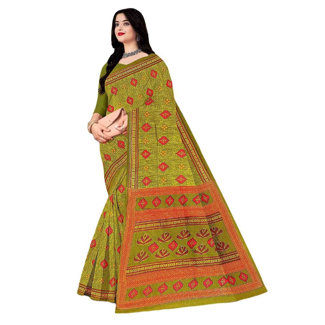 Authenzaa Women Cotton Saree JMDCS037 Green 