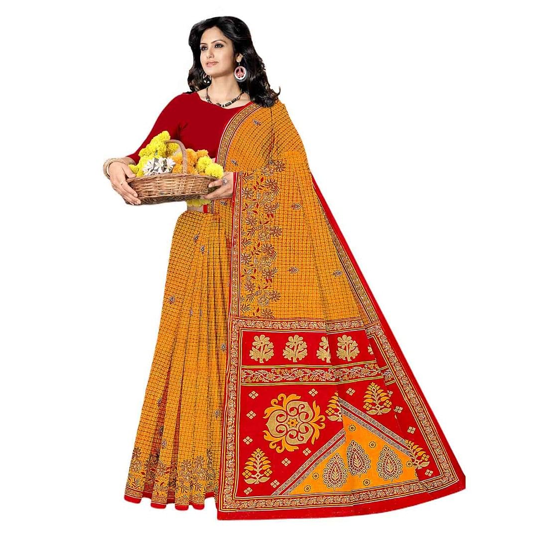 Authenzaa Women Cotton Saree JMDCS039 Orange 